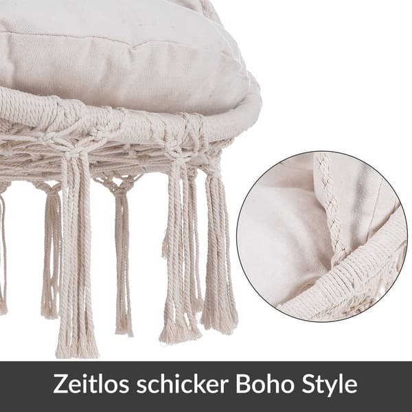 Krämfärgad boho hängstol med kuddar, inomhus/utomhus