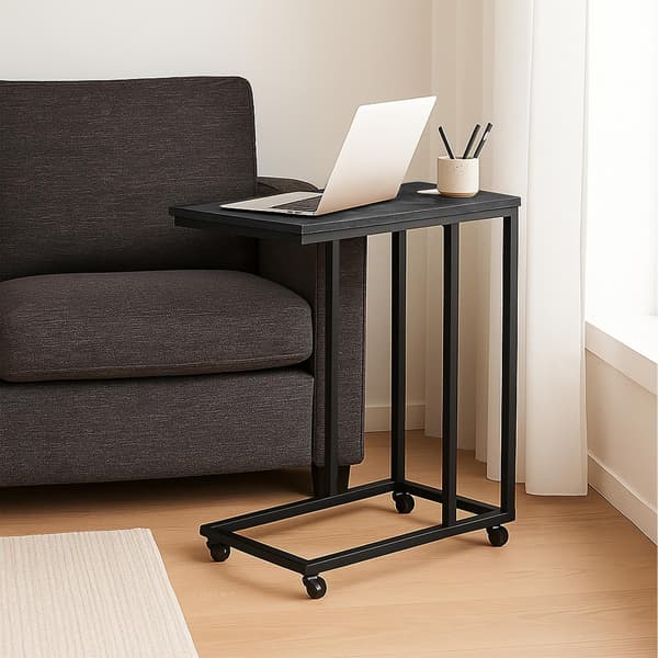 C-formet sidebord med hjul, metal og MDF