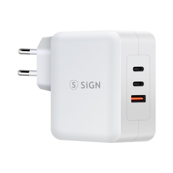 Sign 100W 2xUSB-C & USB-A GaN vægoplader til bærbar og smartphone