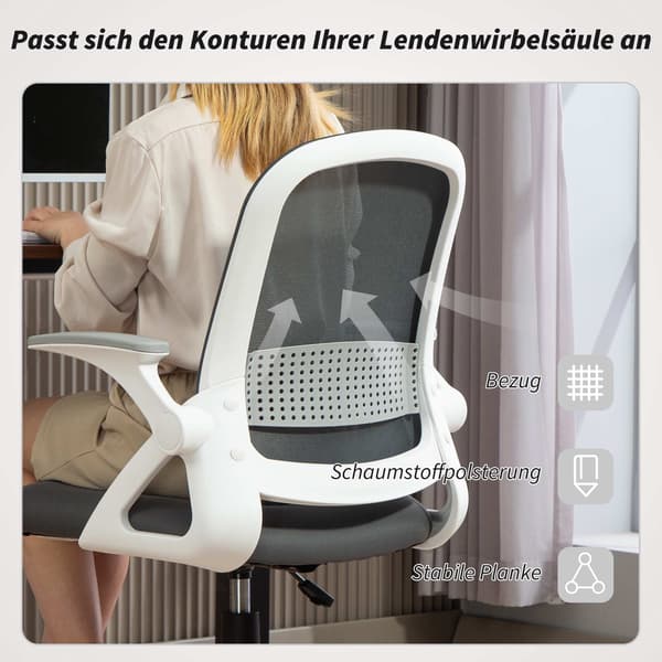 Ergonomisk kontorstol i net med foldbare armlæn, grå