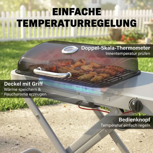 Bærbar gasgrill med 1 brænder, foldbar vogn, termometer