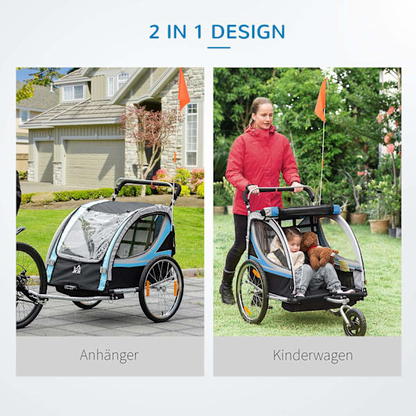 Cykeltrailer 2 I 1 Klapvogn Buggy, 360° Drejelig, Stål Oxford, Blå+Sort