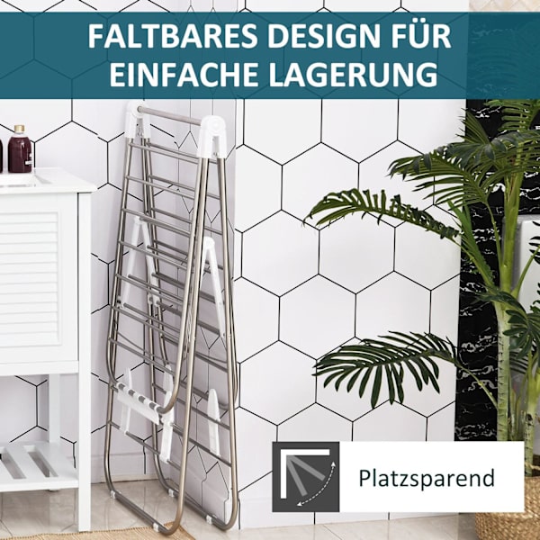 Tøj Airer Foldbar Bærbar Vingetørrer Teleskopstænger Rustfrit Stål Plast Sølv + Hvid 146X60.5X98Cm