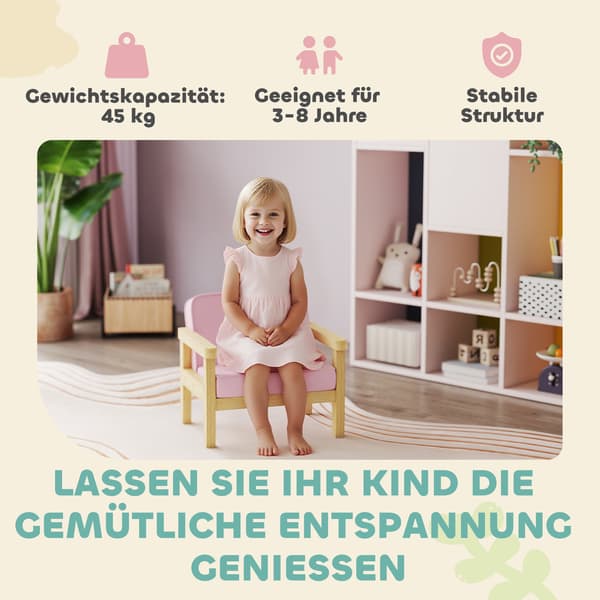 Børne fløjlsstol, skum, træben, 3-8 år, lyserød