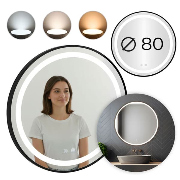 LED badeværelsesspejl, rundt 80 cm, touch control, 3 lysfarver
