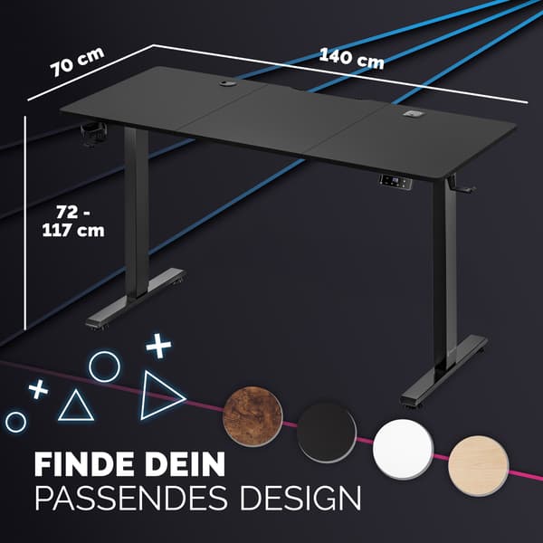 Højdejusterbart skrivebord, sort, 140x60 cm, trådløs opladning