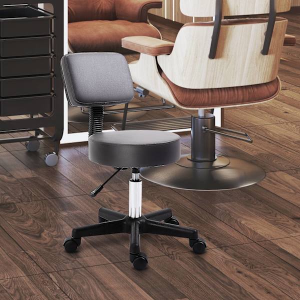 Rulleskammel, højdejusterbar arbejdsskammel med ryglæn, roterende salontaburet til massagekontor, kunstlæder, grå, diameter 35 x 72-84 cm