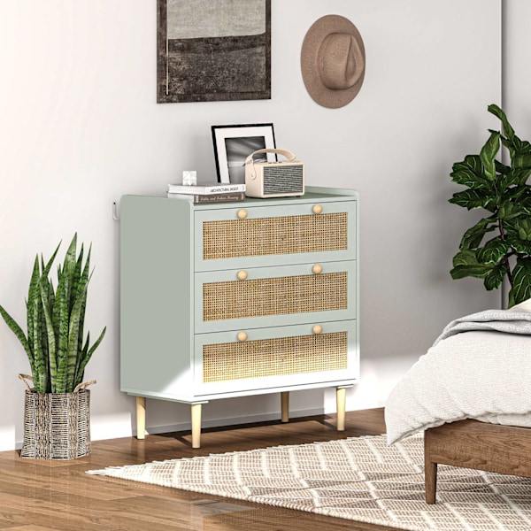 Kommode sideskab med 3 skuffer, skænk med boho stil, rattan look, skuffe kommode til stue, soveværelse, lyseblå 80 x 40 x 87,5 cm