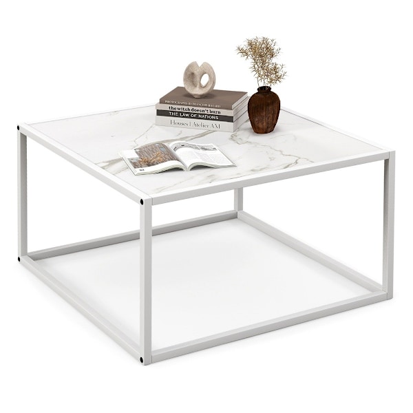 Soffbord i marmorlook rektangulärt soffbord med metallram 70 x 70 x 40 cm vit