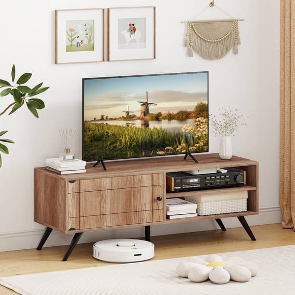 Mid Century Modern TV-bord med opbevaring, egetræ, 55"