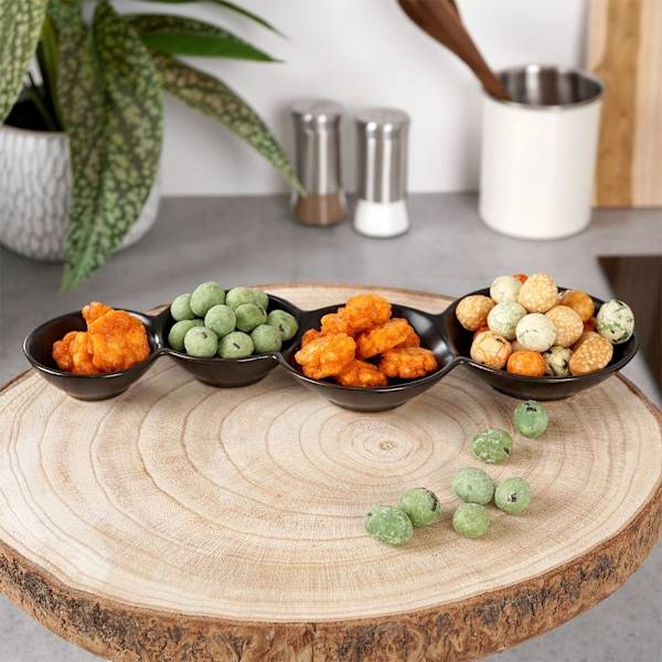 Skål til snacks i sort porcelæn, 4-delt til dyppesovs
