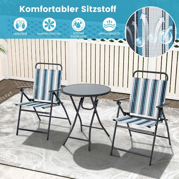 3-delt altansæt bistrobord med 2 klapstole siddesæt med robust metalstel