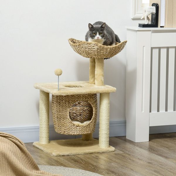 Liten kattskrapstolpe, 74 cm kattträd med kattgrotta, lekboll, klättertorn inomhus med säng, klösmöbler för katter upp till 5 kg, beige
