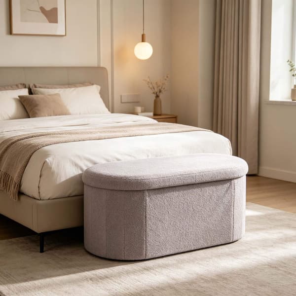 Vaaleanharmaa teddykankainen säilytyspenkki – 76 cm soikea