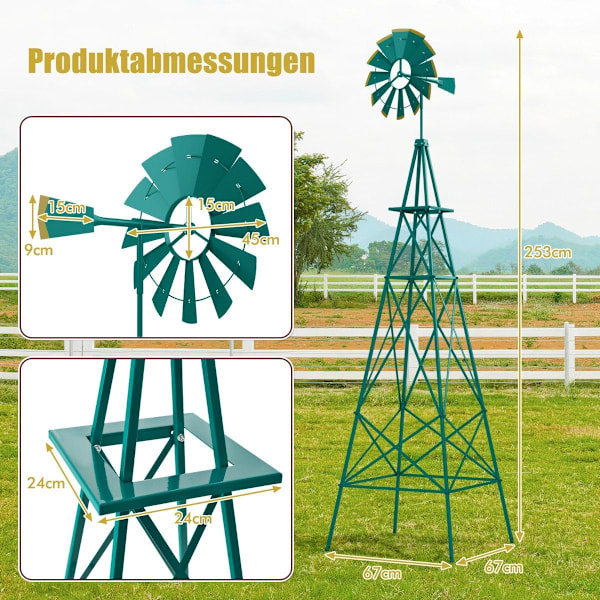 Metallipyörä 4 tukijalalla Säänkestävä tuulimylly puutarhapihalle 67 x 67 x 253 cm vihreä