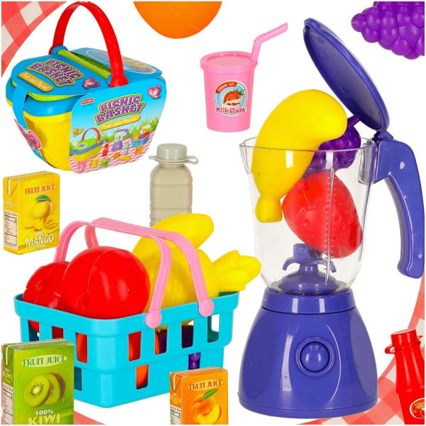 Picknickkorg fruktjuicer drycker matleksaker