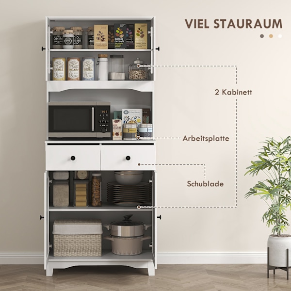 Køkkenskab højskab med mikroovn hylde, 2 skabe, 2 skuffer, vitrineskab med justerbare hylder, vippebeskyttelse, buffet skab til stue, spisestue, hvid