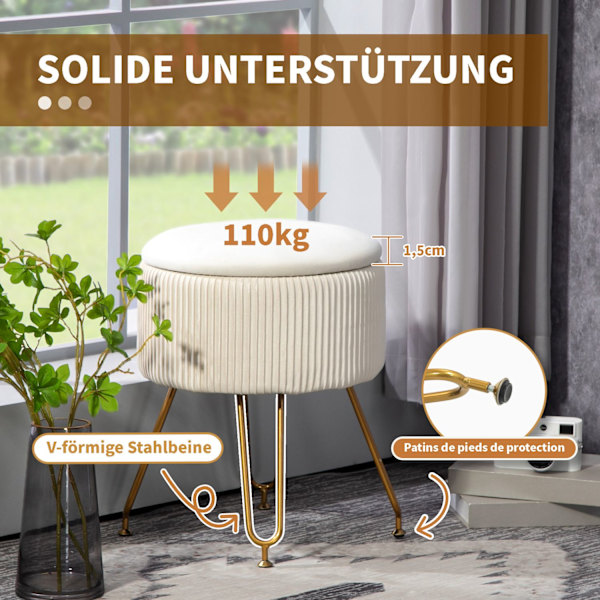 Bænk med opbevaringsplads, 2-i-1 polstret bænk med låg, sengebænk med fløjlslook, til entre, soveværelse, stue, stålstel, Ø40 x 48 cm cremehvid