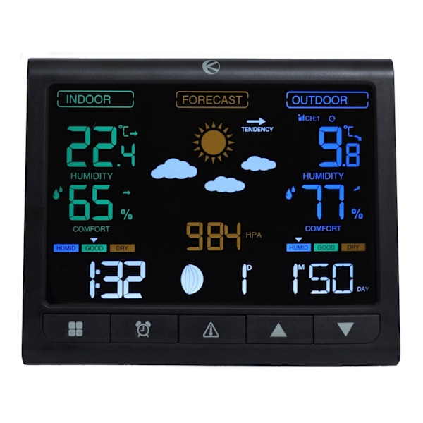 Baggrundsbelyst trådløs vejrstation med udendørs sensor, LCD display, termometer, barometer, ur