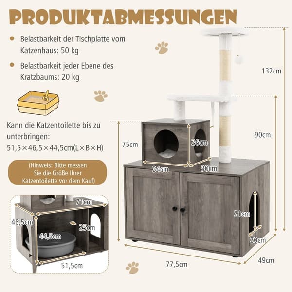 Kattskåp med skrapstolpe för kattlåda, grå
