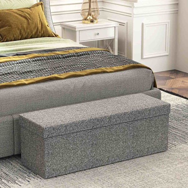 Bænk med opbevaringsplads, foldbar polstret bænk med separate beholdere, sengebænk med linnedlook, sædekiste til entre, soveværelse, stue, 110 x 38 x