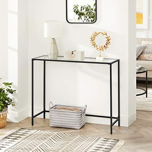 Moderne sort metal- og glaskonsolbord, 100x35x80 cm