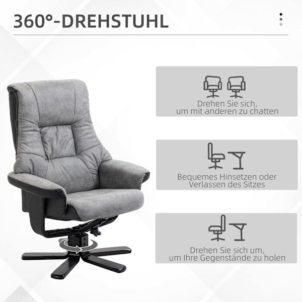 Afslapningsstol med skammel, roterende tv-stol, tv-stol med lænefunktion, mikrofibergrå, 78 x 82,5 x 109 cm