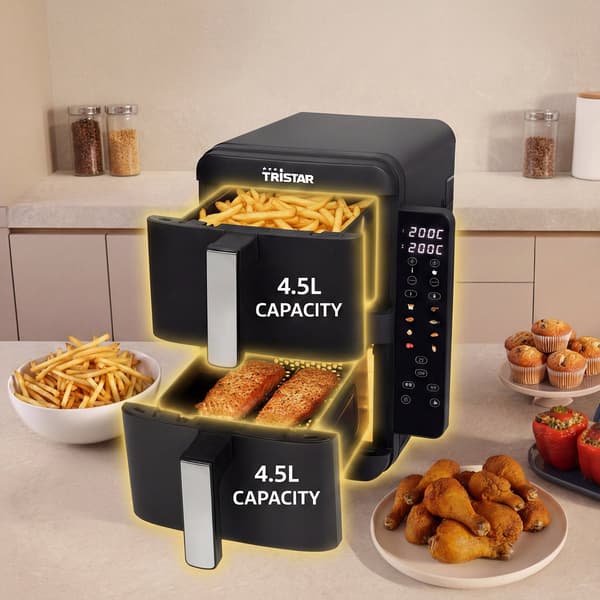 Stapelbar airfryer med dubbla korgar, 2 x 4,5 l med synkroniseringsfunktion
