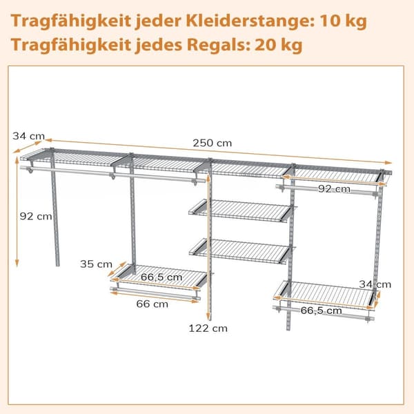 Expanderbart garderobsordningssystem, 122-244 cm, Grå