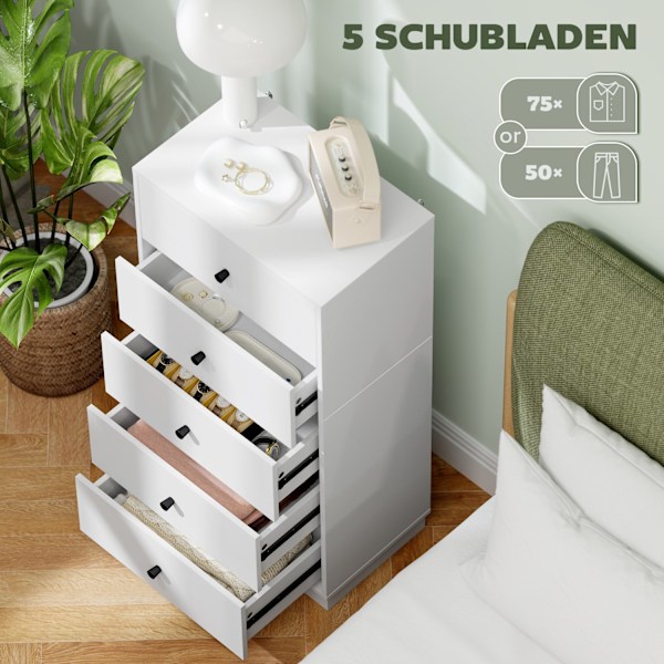 Kommode, skænk med 5 skuffer, skab af træmateriale, opbevaringsskab i moderne stil, skuffeskab, kommode til stue, soveværelse, entre, 47 x 29 x 95 cm,