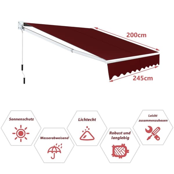 Infällbar markis, 2,5x2m, UV- och vattenbeständig, röd