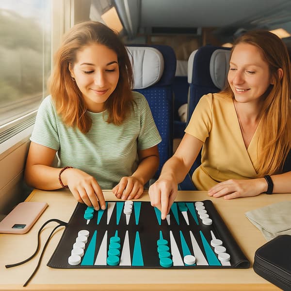 Matka-backgammon-setti, roll-Up-nahkainen ulkoasu