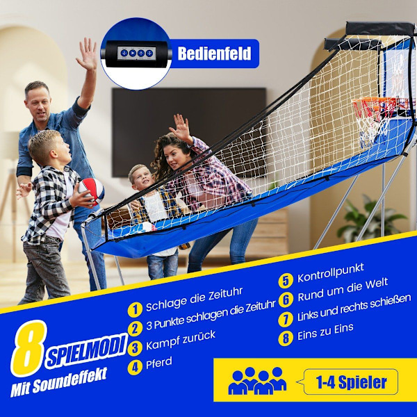 8 in 1 -koripallokone, jossa on 4 palloa ja ilmapumppu ja 8 pelitilaa Arcade koripallopelit Sininen + valkoinen