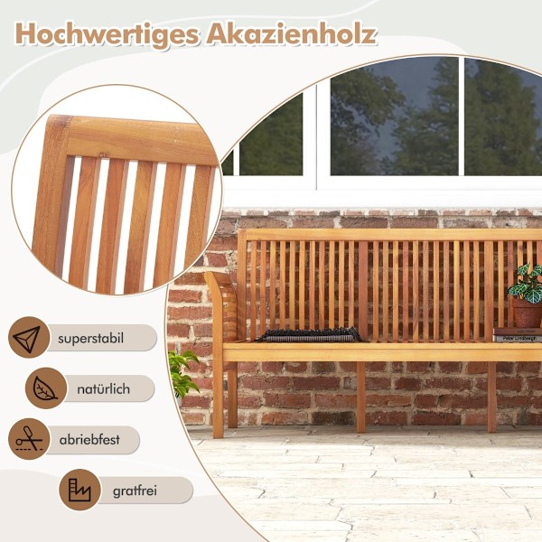 Patiopuinen penkki pehmeillä istuintyynyillä ja ergonomisella selkänojalla ulkopenkki