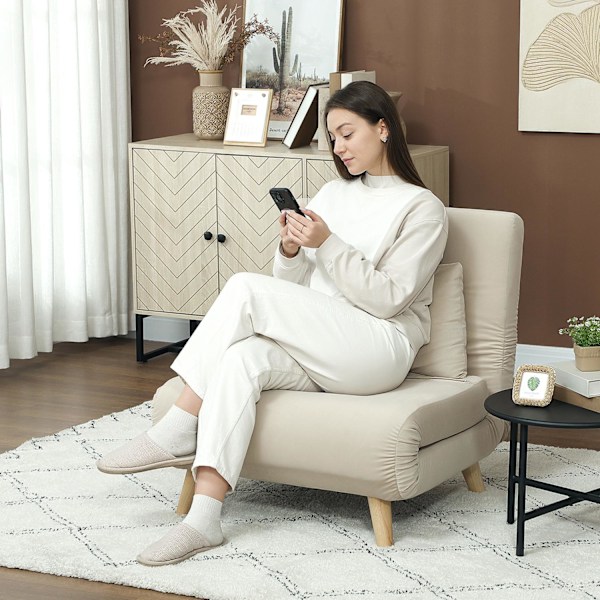 Sovstol, hopfällbar stol med sängfunktion, dekorativa kuddar, hopfällbar relaxstol med justerbart ryggstöd i sammetslook, för vardagsrum, beige