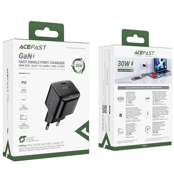 GaN PD 30W USB-C minilaturi, musta
