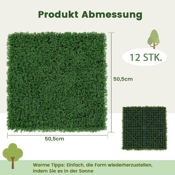 Pakkauksessa 12 kasviseinämää 50,5 x 50,5 cm keinosammalseinä yhdistettävä tummanvihreä