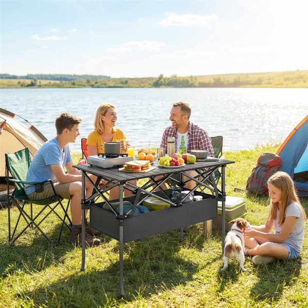 Bärbart hopfällbart campingbord med nätförvaring, svart