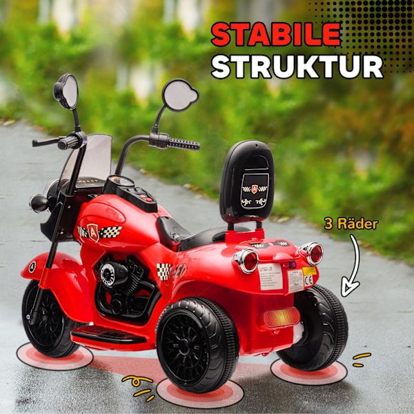 Elmotorcykel för barn, 6V barnmotorcykel med musik, barnfordon med LED-strålkastare, 3-5 km/h, för 3-6 år barn, max 25 kg, röd