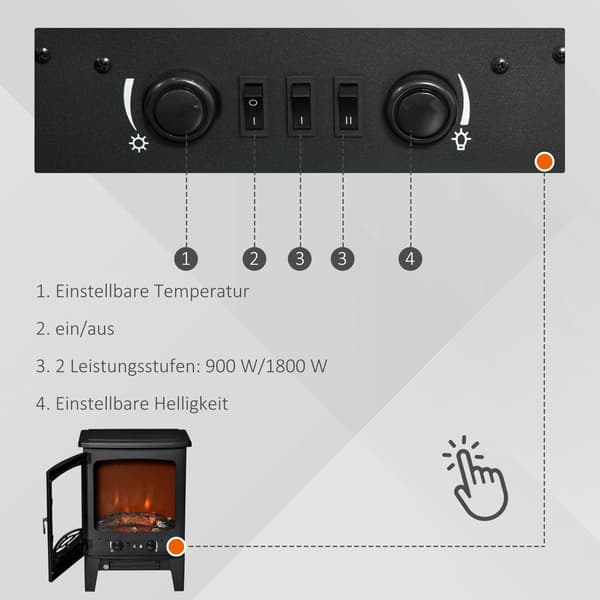 Kompakt elektrisk pejsevarmer, 900W/1800W, Sort