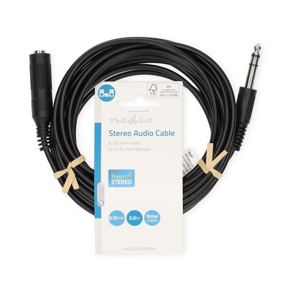 Stereo Audio kabel | 6.35 mm Hanstik | 6.35 mm Hunstik | Nikkelplateret | 5.00 m | Runde | Label