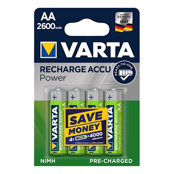 Varta Recharge Accu Power -akut AA 2600 mAh 4 kpl läpipainopakkauksessa
