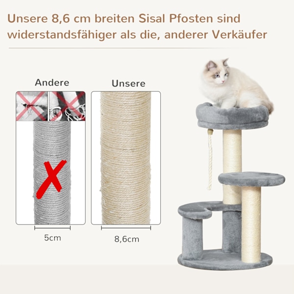 Kattträd Med Hängmatta 3-Vånings Lekträd Med Sisalpelare, Grå, Ø40Xh65 Cm
