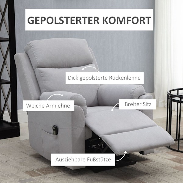 Elektrisk fåtölj med ståhjälp ståstol för seniorer liggande funktion linne touch ljusgrå 83 x 89 x 102 cm