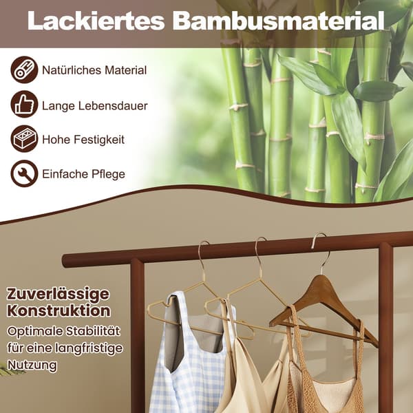 Bambuinen vaateteline rottinkikorilla ja pyörillä, ruskea