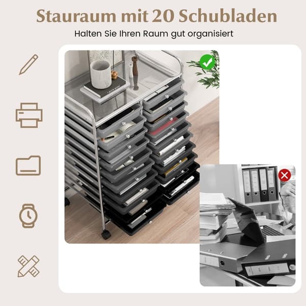 Vogn med 20 skuffer og metalramme, sort