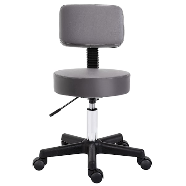 Rulleskammel, højdejusterbar arbejdsskammel med ryglæn, roterende salontaburet til massagekontor, kunstlæder, grå, diameter 35 x 72-84 cm