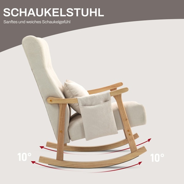 Gyngestol polstret gyngestol med lændepude sidelomme afslapningsstol træramme linned look til stue soveværelse beige