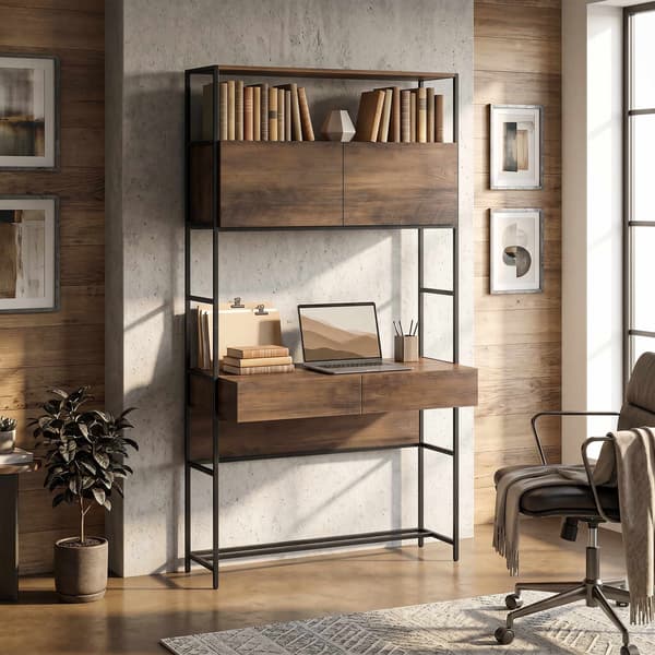 Computerbord med hylder og 2 skuffer, brun, 185 cm
