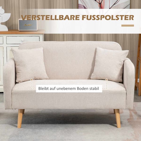 Krämfärgad 2-sitssoffa med kuddar, modern design, träben